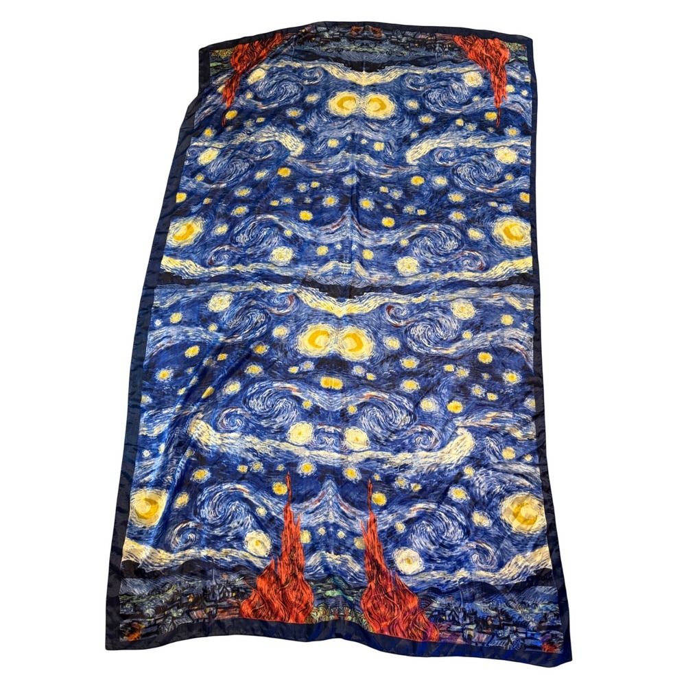 Van Gogh Starry Night Silk Scarf Blue Yellow Rectangular Art Print Wrap